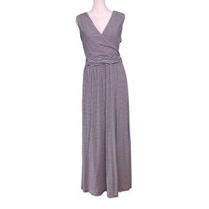 Lands' End Faux Wrap Maxi Dress Navy Blue White Stripe Sleeveless (Size M 10-12)
